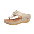 Detalle de elegantes sandalias de cuña beige con adornos de perlas y flores decorativas - 35 / Estilo de Flor (888) / Blanco Roto