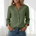 Elegant olive green casual slub cotton shirt for women with stand collar design - Army Green