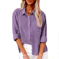 Camisa de lino y algodón morada de manga larga para mujer con bolsillo y abertura lateral - Púrpura