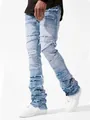 Detail view showing men's distressed stacked jeans with patchwork denim and frayed edges - S / Bottoms / Light Blue
