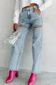 Close-up detail of silver chain-link decoration on distressed high-waisted denim jeans - S / Bottoms / Light Blue