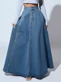 Detailed front view of an A-line denim maxi skirt featuring a button-up waist. - XS / Bottoms / Dark Blue