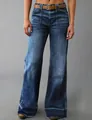 Vintage high-waisted wide-leg denim jeans in dark blue wash, featuring a brown belt - S / Bottoms / Dark Blue