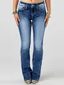 Women's high-waisted elastic denim jeans with heavy wash and white embroidered stitching. - S / Bottoms / Navy Blue