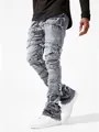 Detail view of men's grey distressed stacked jeans with raw edge patches and slim fit. - S / Bottoms / Gray