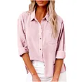 Camisa casual de algodón y lino rosa para mujer con bolsillo en el pecho y aberturas laterales - Rosa Claro