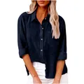 Camisa de mujer en algodón y lino azul marino de manga larga con bolsillo y botones - Azul Marino