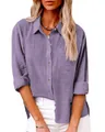 Camisa casual de lino y algodón violeta de manga larga con bolsillo para mujer - Púrpura profundo