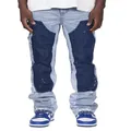 Stylish men's patchwork denim flare pants with paint splatter and stacked design detail. - S / Bottoms / Light Blue