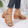 Stylish tan platform block heel sandals with ankle strap and bohemian woven detail - 38 / Khaki (Strap Style)