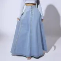 Western style light blue denim maxi skirt with single-breasted A-line silhouette - XS / Bottoms / Light Blue
