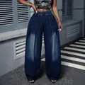 Retro high-waisted pleated wide-leg lantern denim pants in dark blue wash for women - 0XL / Bottoms / Dark Blue