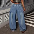 Vintage washed blue high waist pleated wide leg lantern jeans with comfortable elastic waist - 0XL / Bottoms / Light Blue