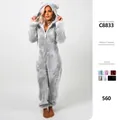 Detail of cozy grey fleece hooded onesie loungewear with bear ears and front zipper - S / Set / Gray
