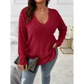 Haut à manches longues col en V bordeaux grande taille en maille côtelée pour femme - 1XL / Hauts / Bordeaux