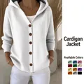 White hooded button-up knit cardigan sweater for women in soft texture - 2XL / Tops / White