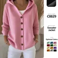 Stylish pink long-sleeve hooded knit cardigan with front buttons and color swatches - 2XL / Tops / Pink