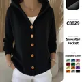 Classic black hooded knit cardigan sweater featuring stylish wood-style buttons for women. - Black