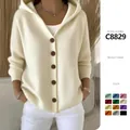 Elegant cream hooded button-down knit cardigan sweater jacket available in multiple colors - Apricot