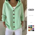 Elegant mint green hooded knit sweater cardigan for women with classic brown buttons - Light Green