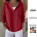 Women's red solid color hooded knit cardigan with button-up front for daily wear - Burgundy