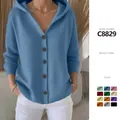 Stylish women's solid color blue hooded knit cardigan sweater with functional buttons - Teal