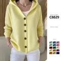 Soft light yellow women's hooded knit cardigan sweater coat with various color options chart - Beige