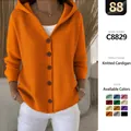 Women's bright orange solid color hooded knit cardigan sweater casual style outerwear - Orange