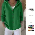 Women's solid green hooded knit cardigan sweater with buttons and color options - Grass Green