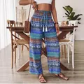 Bohemian print high-waisted wide-leg pants with elastic waist and tassels. - S / Bottoms / Blue
