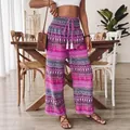 Women's Bohemian printed high-waist elastic trousers with vibrant pink tribal pattern - S / Bottoms / Purple