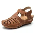 Classic brown women's retro wedge sandals featuring hollow-out design and non-slip soles - Tan