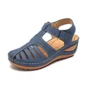 Close-up of blue retro wedge sandals with hollowed-out design and white stitching - Navy Blue