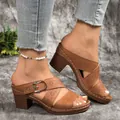Brown cutout chunky heel Roman mule sandals with buckle strap - 36 / Dark Brown