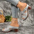 Light blue hollow-out chunky heel sandals with decorative buckle and Roman style - 36 / Gray