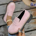 Elegant pink suede platform loafers with thick black lug soles in a casual British style. - 36 / Pink