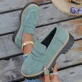 Casual green suede British style women's loafers with chunky black platform soles - Dark Green