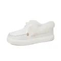 Detailed view of white platform winter shoes with warm faux fur lining and bow detail - White