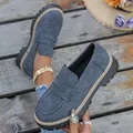 Chic blue matte leather loafers with thick platform sole in classic British style for women - Navy Blue