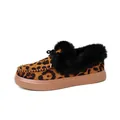 Detailed side view of women's leopard print winter cotton shoes with warm black faux fur lining - Leopard Print