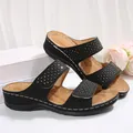 Close-up of black wedge sandals for women with magic tape and decorative rhinestones - 36 / Black
