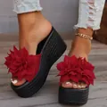 Detail of red flower platform slippers with black woven wedge sole for summer beach - 34 / Red