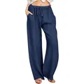 Detailed view showing the loose fit and textured fabric of navy blue cotton linen pants - S / Bottoms / Navy Blue