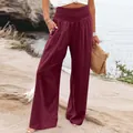 Stylish burgundy cotton linen wide leg pants featuring high smocked waist detail - S / Bottoms / Dark Red