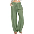 Detailed front view of women's loose sage green cotton linen wide-leg casual trousers - S / Bottoms / Green