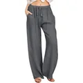 Detailed view of gray wide-leg cotton linen trousers featuring an elastic drawstring waist - S / Bottoms / Dark Gray