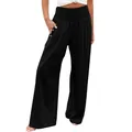 Close-up front view of women's black wide-leg cotton linen trousers with a high smocked waist - S / Bottoms / Black
