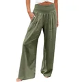 Women's high waisted wide leg cotton linen casual trousers in stylish olive green color - S / Bottoms / Army Green