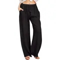 Women's casual black loose cotton linen wide leg trousers with elastic drawstring waist - S / Bottoms / Black