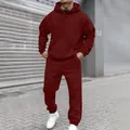 Detail of men's burgundy fleece tracksuit with oversized hoodie and matching joggers. - S / Top And Bottom / Dark Red